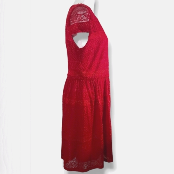 Alya Women's Red Floral Lace Short Sleeve Pleated A-Line Mini Dress Size Large - Picture 5 of 13